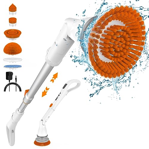 Electric Spin Scrubber - Cordless Spin Scrubber for Cleaning, Power Scrubber for Bathroom with 6 Replaceable Brush Heads & Adjustable Extension Handle, Electric Cleaning Brush for Tub, Car, Floor