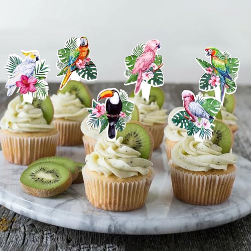 Blumomon 24 Stück Vögel und Tiere Cupcake Toppers Papagei Cupcake Picks Vogelmuster Tiere Kuchen Dekorationen für Kindergeburtstag Party Themenparty Dekorationen Zubehör