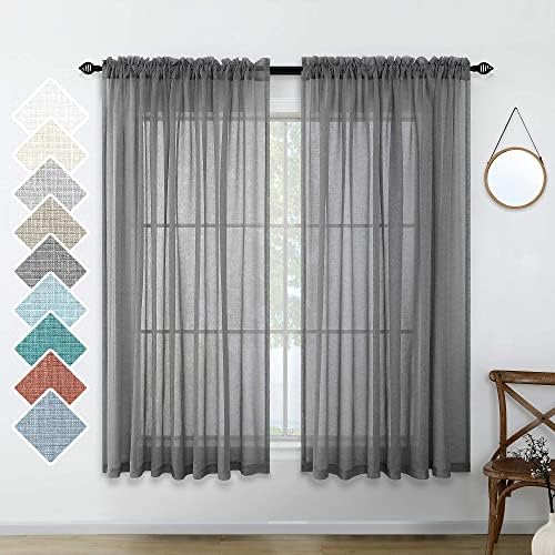 Charcoal Gray Curtains Sheer 45 Inches Long for Kitchen Pair Set 2 Panels Rod Pocket Casual Fresh Dark Grey Drape Light Filtering Airy Linen Look Curtain for Bathroom Bedroom Doorway 52x45 Inch Length