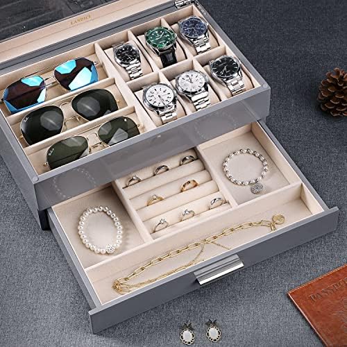 LANDICI Watch Box Jewellery Organiser for Men Women, Luxury Piano Paint Large Wooden Watch Display Case with 6 Slot Watches Holder, 3 Slot Sunglasses Case, Jewelry Storage Box Drawer, Grey