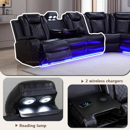 Image of Power Reclining Sectional Sofa Set with LED Light, Leather Sectional Couches, Living Room Furniture Sets, Modern Power Recliner Sofa Sets with 3 Recliner Seater, Couches for Living Room