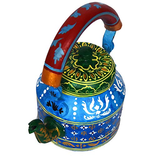 Image of iHandikart Handpainted Designer Aluminium Tea Kettle, 1 Litre - Vibrant Indian Art Tableware, Decorative & Functional 8x5.5x8 Inch (5104)