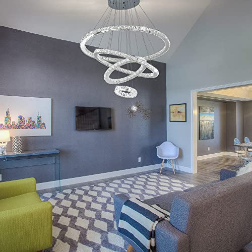 Led Crystal Chandelier, Diy Modern Lighting Oval 4 Rings Hanging Adjustable, Cool White Pendant Lamp, Stainless Steel Ceiling Light Fixture For Living Dining Bedroom Ring: 31.5/23.6/15.7/7.9" #TOP6