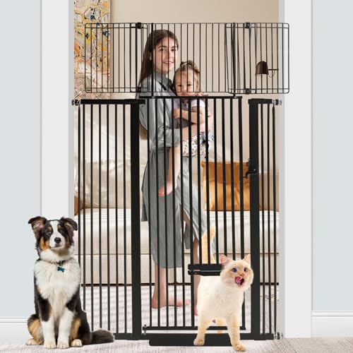 SHYUJAJIE 71 Inch Extra Tall Pet Gate with Small Cat Door 29.55-46.06 Adjustable Wide Dog Gate Tall Cats Gates for Doorway Stairs House(Black)