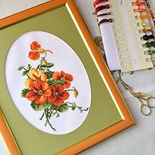 Povitrulya Summer Flowers Cross Stitch Kit Nasturtium - Floral DIY Embroidery Set for Adults with Paper Pattern and Prestored Floss