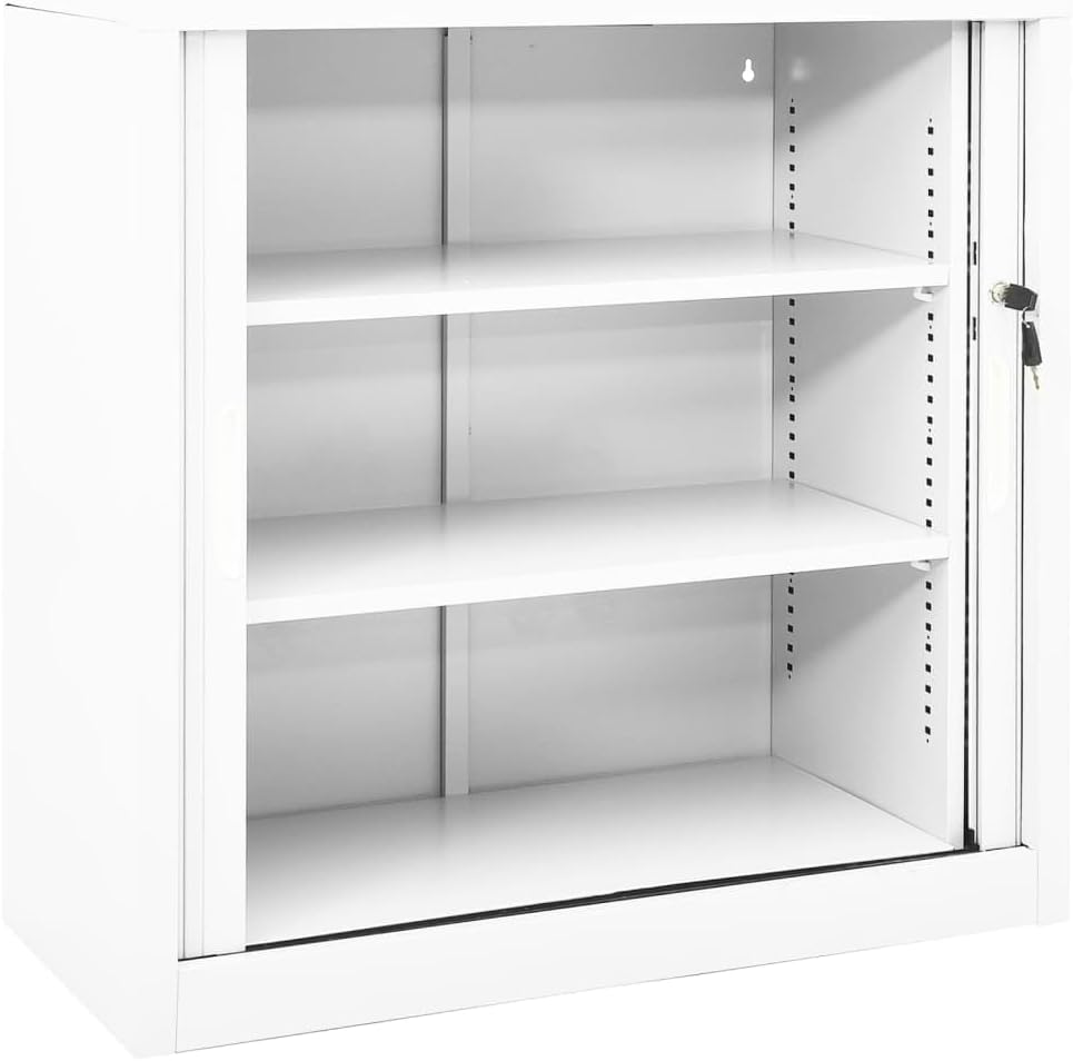 White Steel Sliding Door Cabinet Medium Size with Lock, Adjustable Shelves Storage Locker for Home Office Living Room Indoor Use