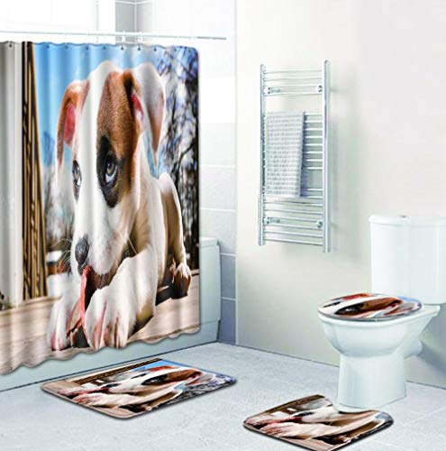 ZDDWLDL 3D Gedruckter Duschvorhänge Set Blaubrauner Weißer Tierhund Duschvorhang Set 4 Stück Badezimmer Dekor Vorhang…