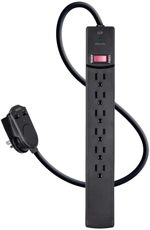 Monoprice 6 Outlet Power Surge Protector - 6 Feet Cord - Black| 2 Port USB Charger on the Plug, 1080 Joules