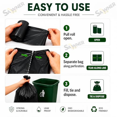 Image of Garbage Bags 19 x 21 Inch Medium Size, 30 Bags (1 Roll), Black Dustbin Bags, Leak Resistant Trash Bags for Kitchen, Bathroom & Office