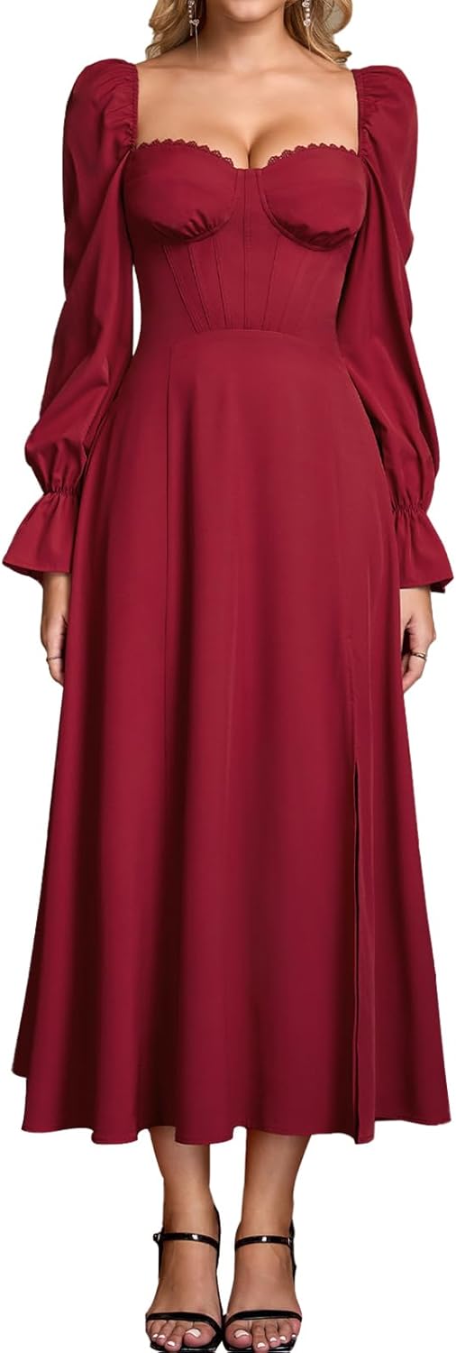 Women High Slit Long Sleeve Maxi Dress Fall Wedding Guest Sweetheart Neckline Casual Long Dresses