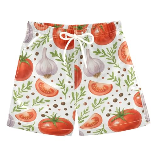 DOMIKING Tomato Garlic White Boys' Swimwear Quick Dry Swim Trunks with Pockets for Child Boy Adjustable Waist L