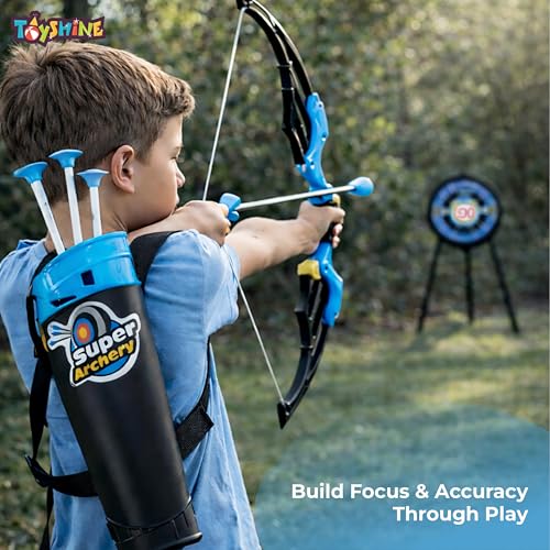 Image of Toyshine Bow & Arrow Archery Set Outdoor Hunting Adventure Game with Safe 3 Suction Dart Arrows, Target & Quiver Sports Toy Kids 7-12 Years - Blue