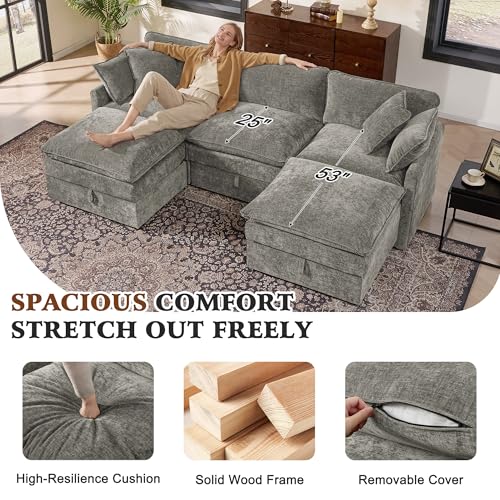 Image of Ihanherry 103 inch Modular Sectional Sofa with Storage, U Shaped Cloud Couch with Movable Ottomans & 4 Pillows, Chenille Deep Seat Sectional Couches for Living Room, Apartment (Grey)