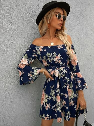 Image of Off Shoulder Ruffle Dress for Women, A-Line Mini Dress with Belt, Fitted Bust Summer Wedding Guest Dress