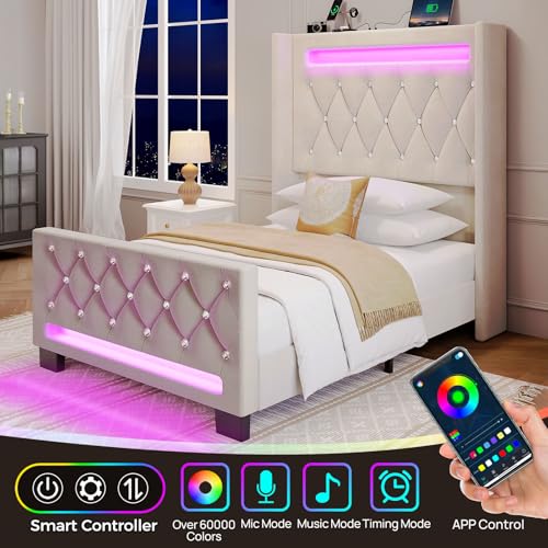 Rolanstar Bed Frame with LED Light and Charging Station, Upholstered High Headboard and Footboard, Wood Slats, Noise Free, Easy Assembly, Grey/Beige - Image 4