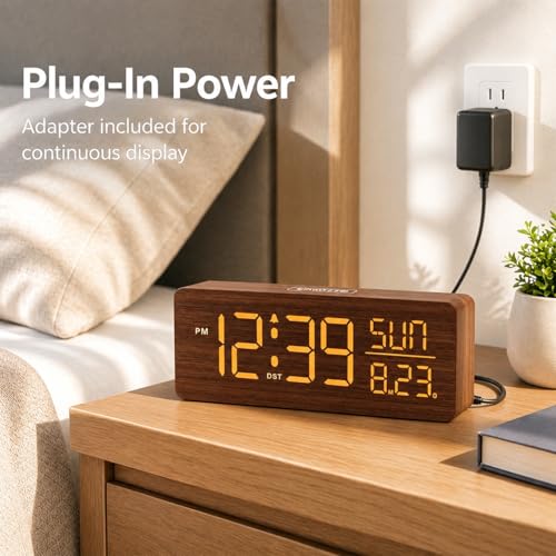 Image of Peakeep Wooden Digital Alarm Clock Large Display, Textured Decoration | for Bedroom Living Room Desk Table, Electric Plug-in Clock Battery Backup with Time Date Day, 5 Brightness, Auto DST