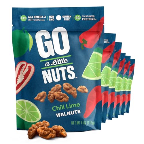 Image of Go a Little Nuts Chili Lime Walnuts, 4 oz Snack Pack (Pack of 6) Fire Roasted & Zesty, Plant Protein, Non-GMO, Peanut Free, Gluten-Free Healthy Snack for Kids and Adults