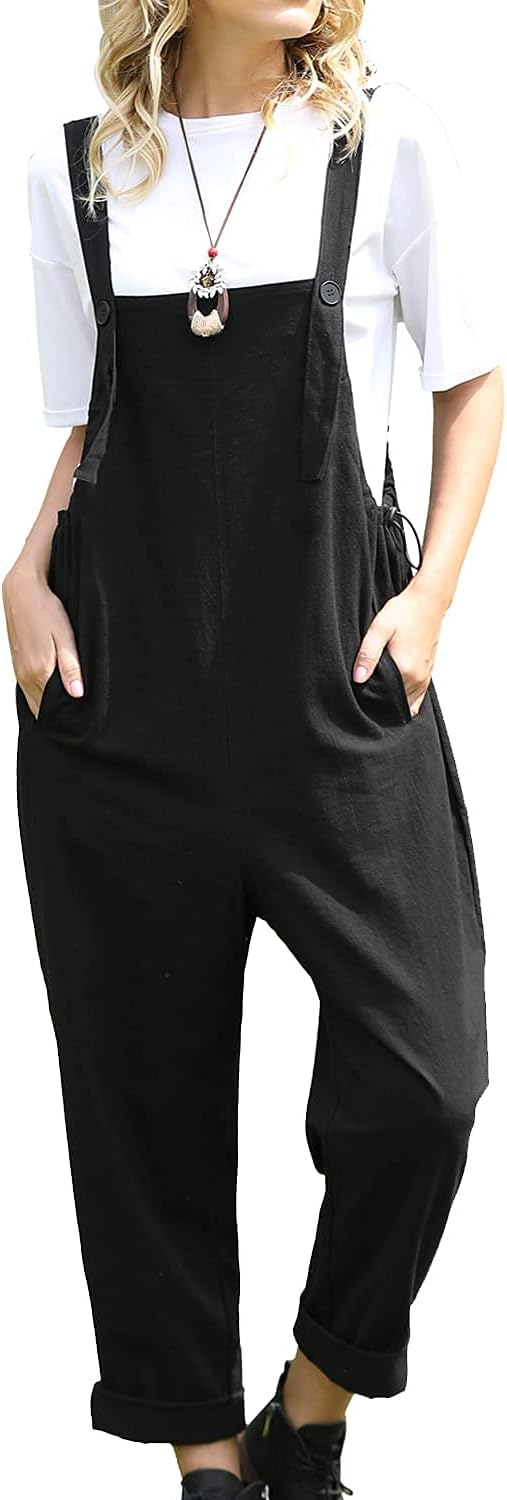 YESNO Women Casual Loose Bib Pants Overalls Baggy Cotton Harem Jumpsuits Rompers with Pockets PV2