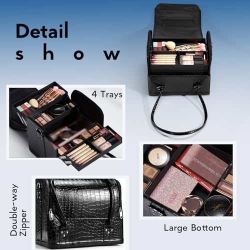 Foto von Kosmetikkoffer Schminkkoffer Große Make-Up Tasche Kosmetik Multikoffer, Faltbare Und Abnehmbare Kunststoffebox Innen, Mit Schultergurt, Glanz Schwarz