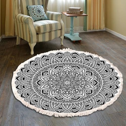 Homxi Alfombras Redonda Niña 150 cm - Alfombra Poliester Pequeña Patrón de Floral de Mandala con Borlas - Alfombras Salón Negro