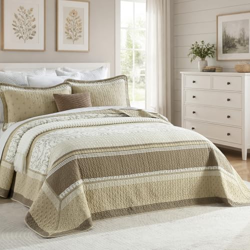 100% Cotton Bedspread California King Size - 120"x120" Brown Striped Quilt Set with Botanical Pattern, Reversible Farmhouse Style Bedspread Coverlet, Soft Bedding Set 3pcs, Brown/Beige