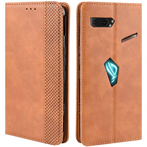 HualuBro Handyhülle für Asus ROG Phone 2 ZS660KL Hülle, Retro Leder Stoßfest Klapphülle Schutzhülle Handytasche LederHülle Flip Hülle Cover für Asus ROG Phone 2 II ZS660KL Tasche, Braun