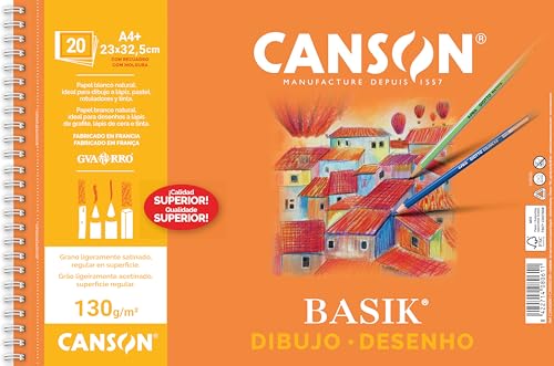 Canson Desenho básico, papel de desenho branco, grão fino, 130 gsm, espiralados sobre o lado curto, 23 x 32,5 cm, branco natural, 20 folhas - quadrado