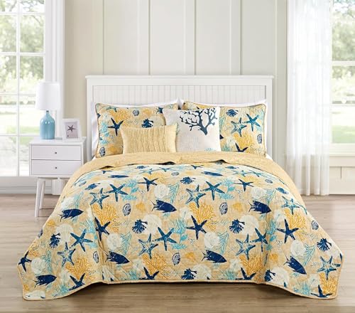 VCNY Home Aquatic 5 Piece Reversible Bedding Quilt Set, King, Blue