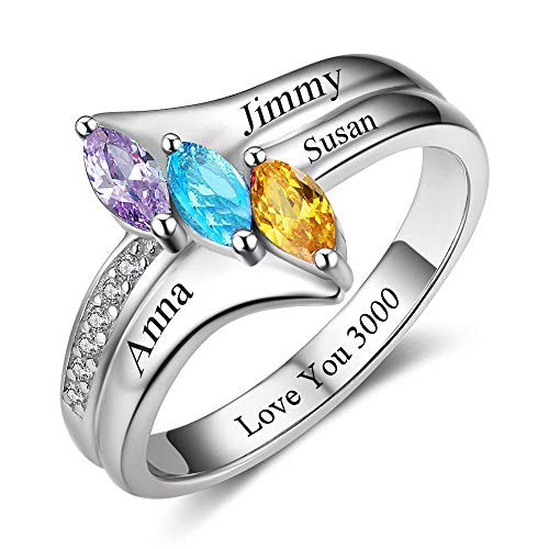 Personalized Mothers Rings with 4 Simulated Birthstones Family Rings for Women promise rings for Her Heart Custom Name Rings (Silver, 7)