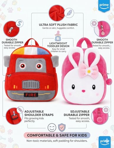 Image of Cartoon Plush Kids School Bag 2-6 Years | Soft Toy Backpack for Boys & Girls | Toddler Nursery Preschool Bag | Lightweight Adjustable Straps