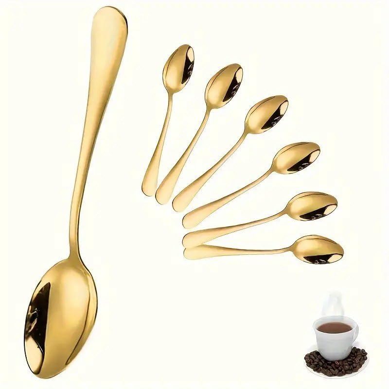 Image of Golden Coffee Spoon (Pack of 6) 15 cm Long Premium Golden Finish Stainless Steel Luxury Tea & Coffee Spoons Dessert, Soup, Daily Use Elegant Gold Tableware with Modern