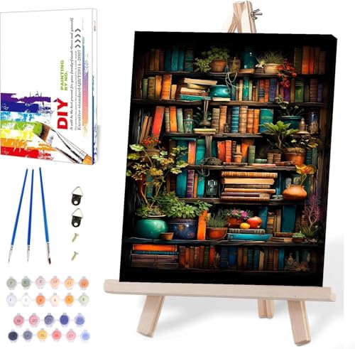 Bookshelf Paint by Numbers for Adults with Framed Canvas-with Wooden Easel,Paint by Numbers Kits Framed Canvas,DIY Acrylic Oil Painting Kits with Brushes Nice Gift Box for Home Wall Decor(12x16 Inch) by MIRCVSH - Used condition - US$9.32