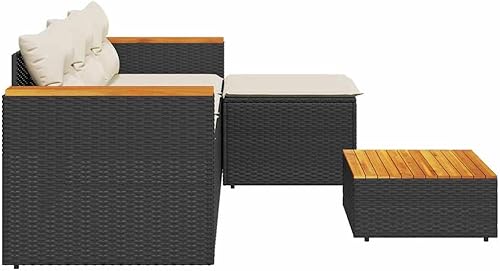 Miniatura 5 de Modern 3-Piece Garden Sofa Set in Black and Cream White, Outdoor Modular Seating with Woven Poly Rattan and Acacia Wood, UV-Resistant Weatherproof