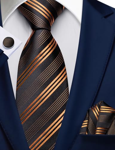 Image of Barry.Wang Man Stripe Ties Set Silk Woven Pocket Square Necktie Cufflinks Formal Party Business
