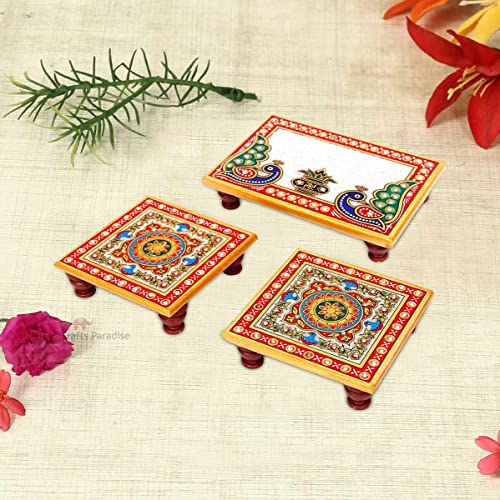 Handicrafts Paradise (6 x 4 & 4 x 4 inch, Set of 3Pc) Marble Rectangale and Square Peacock Motif Chowki (Multicolour) Home Mandir, Idols Statues Pratima, Bajot for God, Home Décor Showpiece