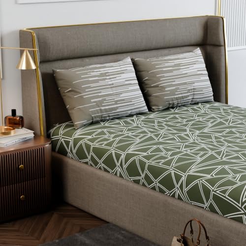 Image of Stoa Paris 100% Cotton King Size Fitted Bedsheet with 2 Pillow Covers, 180TC Printed Bedding Set, All-Season Comfort, Soft & Lightweight, Home Decor, Urbanscape - Sage Spectrum (182cmx198cm+30cm)