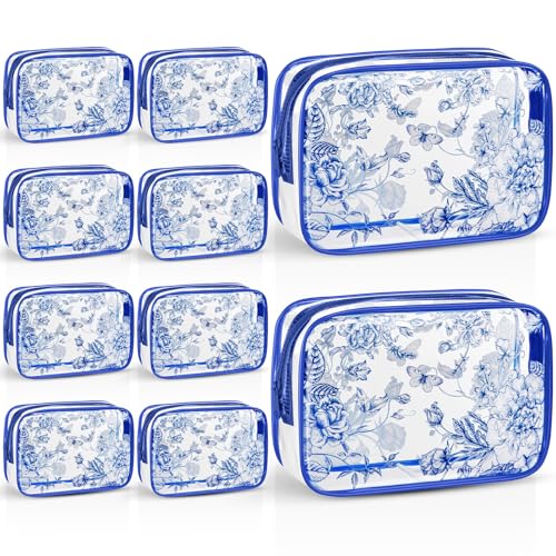 Set of 10 Clear Floral Cosmetic Bags PVC Makeup Bags Waterproof Travel Organizer Toiletry Pouches for Wedding Birthday Baby Shower Party Ideal Gift for Women Nurse Bridesmaid(Blue)