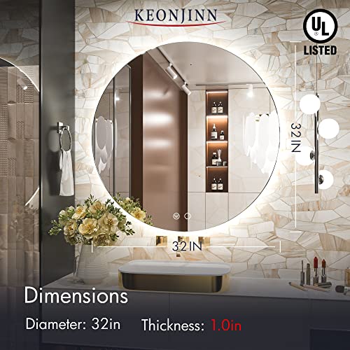 Keonjinn Round Led Mirror 32 Inch Ul Listed Backlit Mirror Bathroom Vanity Mirror With Lights Anti-Fog Circle Lighted Mirror Large Round Bathroom Mirror Wall Mounted Dimmable Illuminated Mirror Cri90+ #TOP5