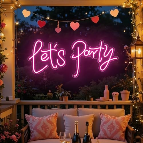 Image of 36.9x16.1 Inch Large Let's Party LED Neon Sign,Dimmable Pink Neon Light Sign for Wall Decor, Bachelorette Party, Engagement Party, Wedding, Bar & Birthday Decor
