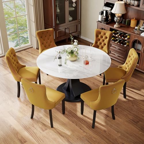 Image of 7-Piece Dining Table Set with 47In Faux Marble Table and 6 Velvet Upholstered Chairs, Modern Scandinavian Furniture for Dining Room Kitchen(Yellow)