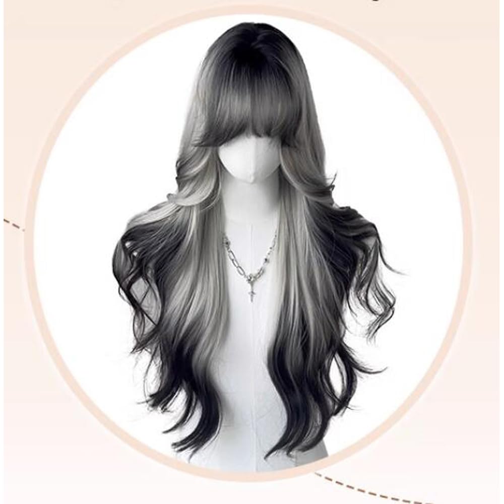 Women's Long Curly Wig - Black & White Mix, Heat Resistant, Natural Looking, Perfect for Daily Wear & Parties