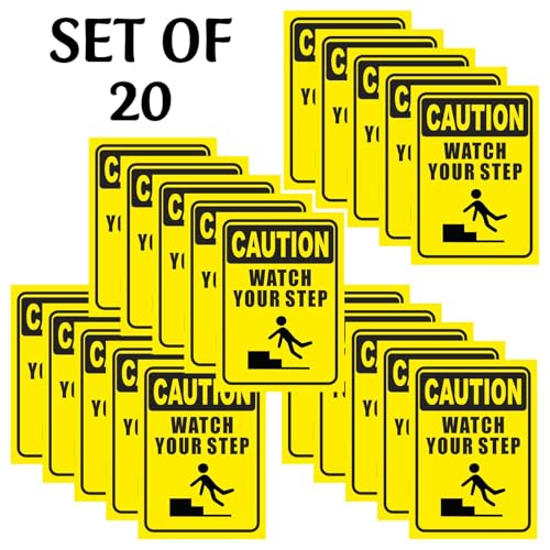 Image of CVANU CAUTION Watch Your Step Warning Safety Self-Adhesive Waterproof PVC Vinyl Sign Sticker Size (11.7inchX8.3inch) Pack of 20