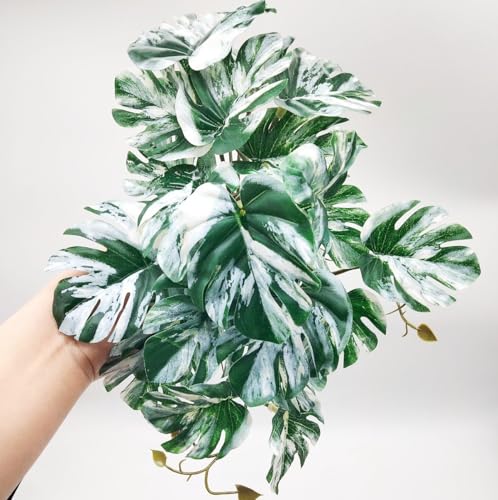 FLmoving Reptile Plants for Terrarium, Amphibian Habitat Decor Artificial Hanging Plants with Suction Cup, Artificial Plants for Gecko Chameleon Snake Tortoise Tank Accessories. 2-Pack (Monstera)