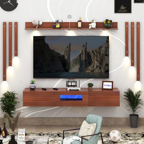 Image of Anikaa LucenNote Engineered Wood Wall Mount TV Unit with Acrylic Blue LED Storage Box, Wooden Accent Spotlight Panels for Living Room, Fits Up to 50 Inch TV, Walnut DIY Installation
