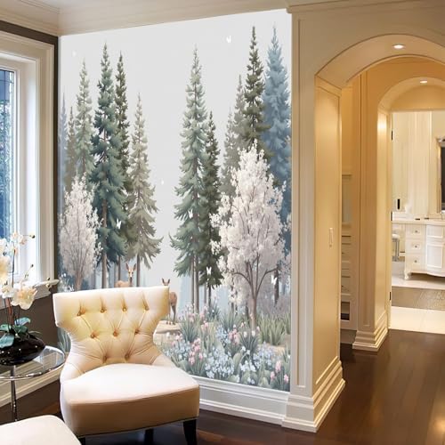 Mural para salón y cuarto infantil de bosque místico en tonos verde oscuro 7