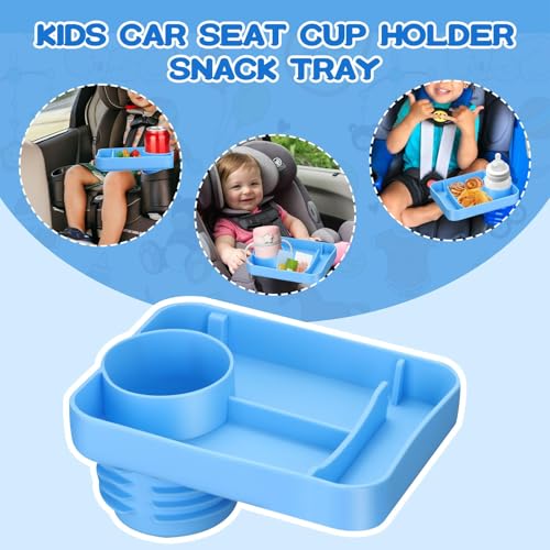 Image of Car Seat Cup Holder Snack Tray - Silicone Food Trays for Travel with Expandable Soft Rubber Base Fits Most Cup Holders Portable Accessories Essentials for Small Fruit, Toys Blue