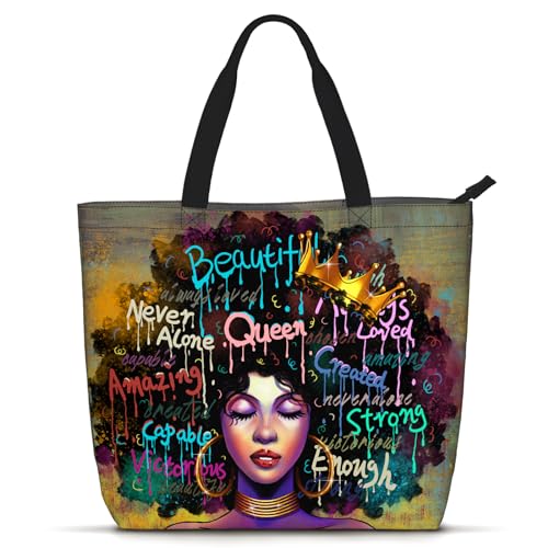 Foinior Bolsa feminina afro-americana, bolsa de ombro preta, adequada para trabalho, praia, labtops com zíper, Preto feminino 7, 19.7 '(L) X 15.7'(H) X 5.9' (W)