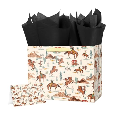 Linelglobal Large Cowboy Gift Bag with Tissue Ppaer for Men Birthday Western Theme Party Rodeo Stuffer 12.6"