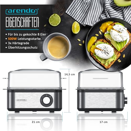 Arendo - Eierkocher Edelstahl für 1 bis 8 Eier - Egg Cooker - 500 W – Kontroll Leuchte – Drehregler für drei Härtegrade - spülmaschinengeeignet - Edelstahl gebürstet - Afbeelding 3