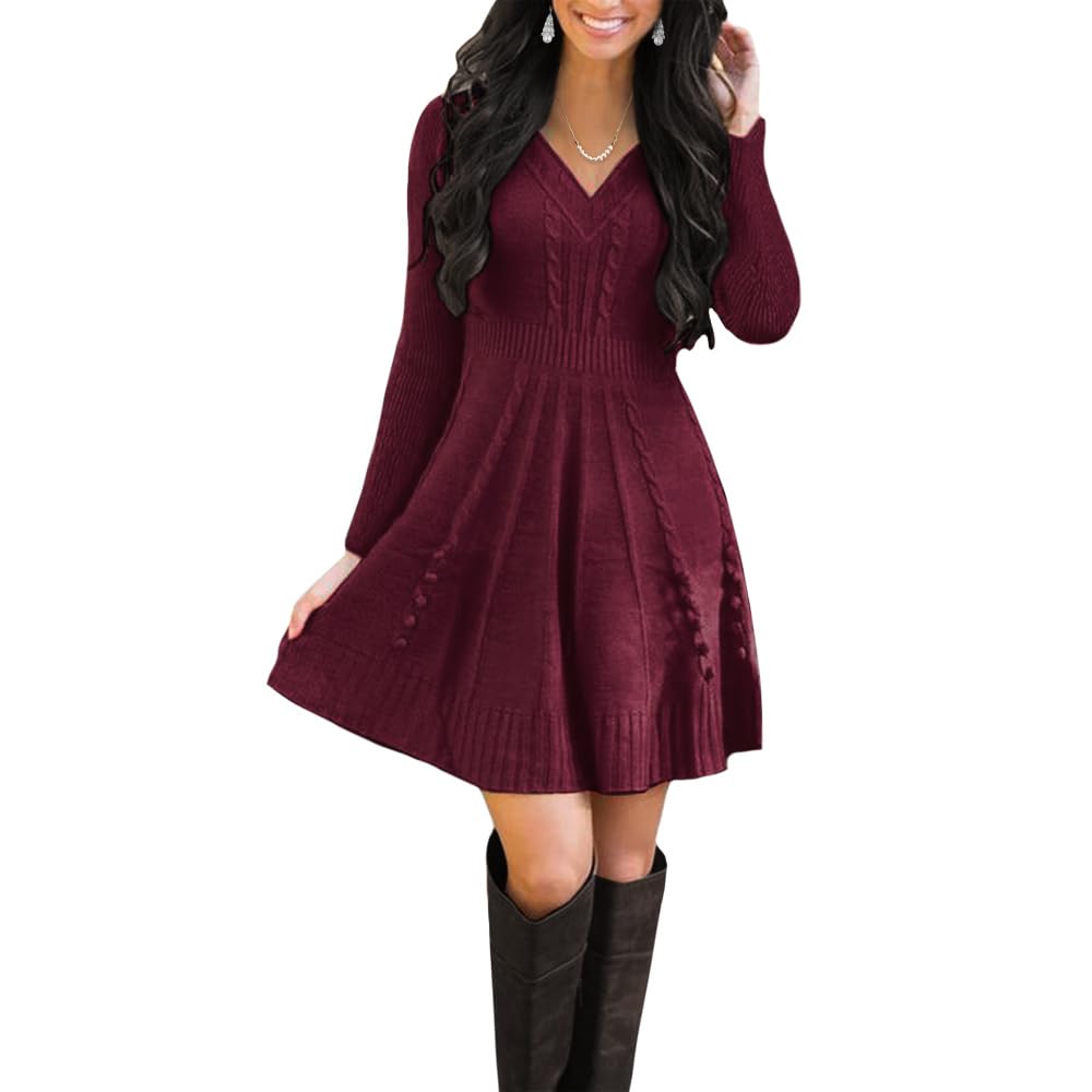 Women's Ribbed Knit A-Line Swing Short Sweater Dress Fall Winter Long Sleeve Pullover Mini Sweaters Dresses B-wine X-Large